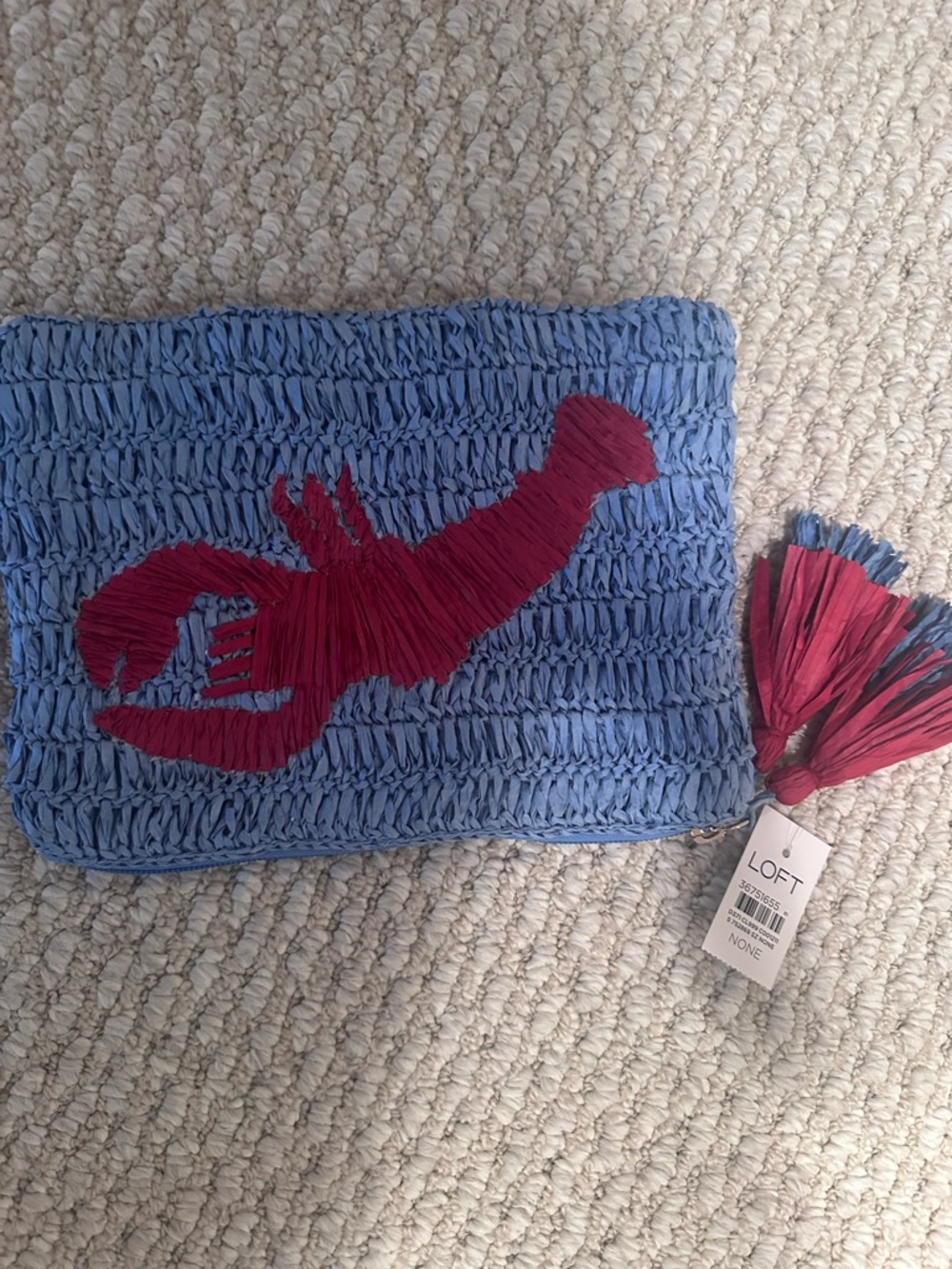 LOFT Blue Raffia Clutch with Pink Lobster Motif